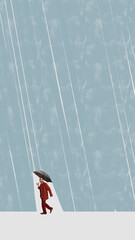 Collage of man in red coat walking under umbrella with heavy rain and large blue copy space....