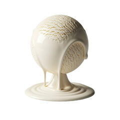 A single scoop of melting vanilla ice cream with a glossy liquid cascade forming an undulating wave, on a seamless transparent studio background with bright diffused lighting, macro lens effect.