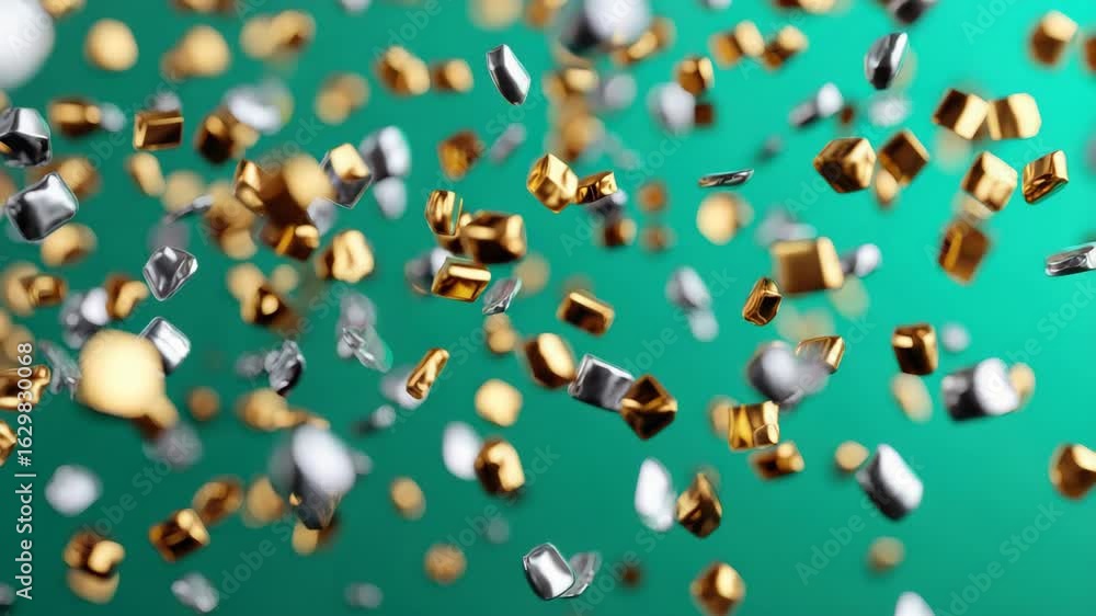 Poster vibrant green background with golden and silver particles scatter, creating dynamic and festive atmo
