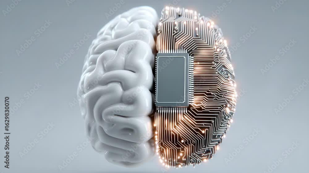 Poster exploring intersection of organic brain and circuit technology journey into neuroscience and digital