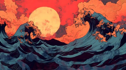 Digital illustration of powerful, stylized waves beneath a vibrant sunset moon.