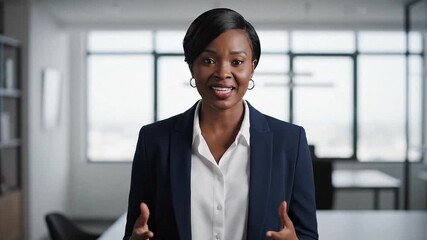 Woman in a suit stands indoors in front of a blurred office background facing the camera