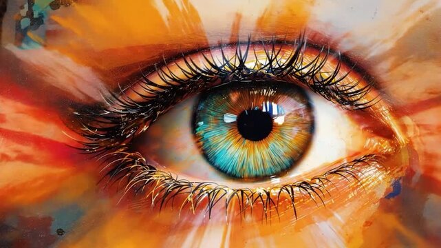 Artistic Close-Up of a Vibrant Eye with Detailed Eyelashes and Colorful Splashes