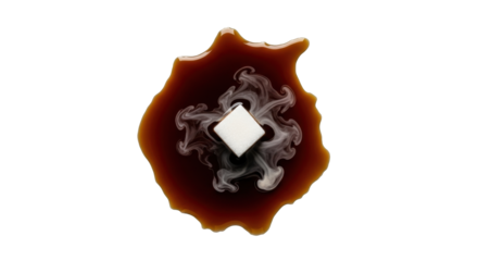 Deep dark brown coffee puddle with crisp contours, a transparent sugar cube dissolving, creating milky marbling on a smooth transparent background, macro top-down view, scientific dissolution study