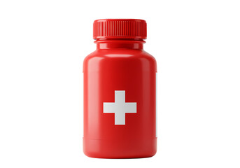 Obraz premium Red Medical Bottle with Swiss Cross: Pharmacy, Healthcare, First Aid Supplies