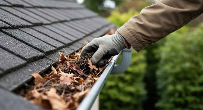 Person Cleaning Roof Gutters Filled with Fallen Leaves, Autumn Home Maintenance, Gutter Cleaning, Seasonal Chores