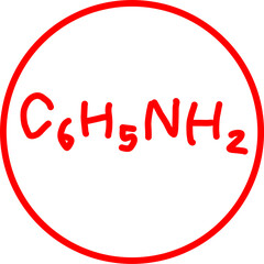 Red hand-drawn chemical formula C₆H₅NH₂, representing aniline, enclosed in a red circle on a white background. Great for chemistry, education, and science-related visuals.
