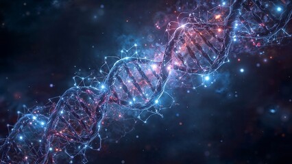Illuminated dna strand with connected nodes and nebula