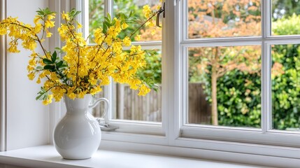 Fototapeta premium A bouquet of yellow flowers in a white pitcher sits by a window.