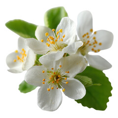 Obraz premium Delicate white blossoms with vibrant yellow stamens, surrounded by green leaves, showcasing the beauty of spring flowers in full bloom.