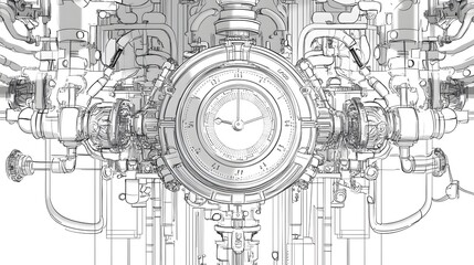 Digital illustration of a complex, interconnected mechanical clockwork device with a central timepiece.