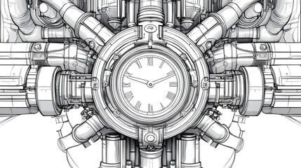 Digital illustration of a complex mechanical clockwork device with numerous tubes and dials.