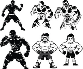 Mixed martial arts fighters sparring,Black and White Vector Illustration Muscular Boxer Fighting Stance Boxing Gloves Intense Expression