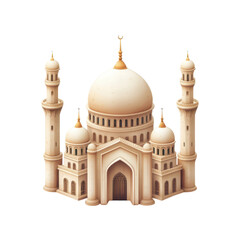 Elegant islamic mosque with minarets, dome, and crescent moon on transparent background