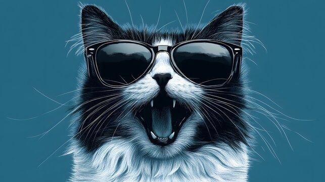 Digital illustration of a black and white cat wearing sunglasses and displaying teeth.