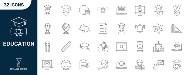 Education Line Icons Set. Academic Achievement, Learning Tools, School Outline Symbol Collection. Graduation, Online Learning, Knowledge Growth. Editable Stroke. Isolated Vector Illustration