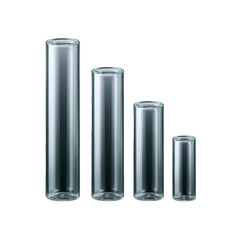 Four transparent glass test tubes of varying heights, showcasing a gradient of sizes, perfect for laboratory or educational themes.