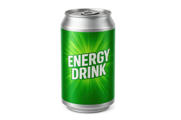 Metallic aluminum beverage container displaying bright green energy drink branding, gleaming against clean transparent backdrop