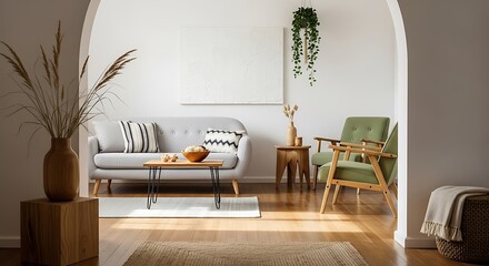 Photo of bright and cozy living room with stylish furniture and decor elements