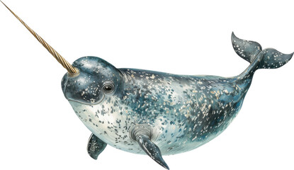 Whimsical watercolor illustration of a narwhal with a prominent tusk on a transparent background