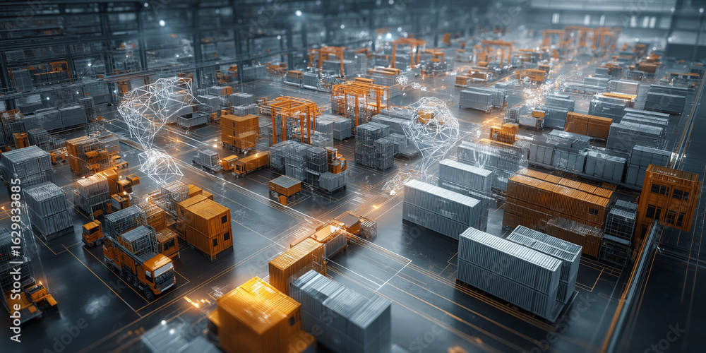 Poster futuristic warehouse with advanced ai technology managing supply chain logistics. scene is filled wi