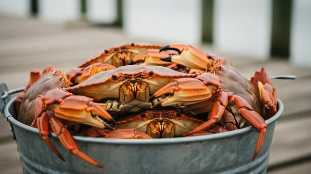 A metal bucket overflowing with freshly cooked red crabs. Seafood feast on a wooden dock by the water.