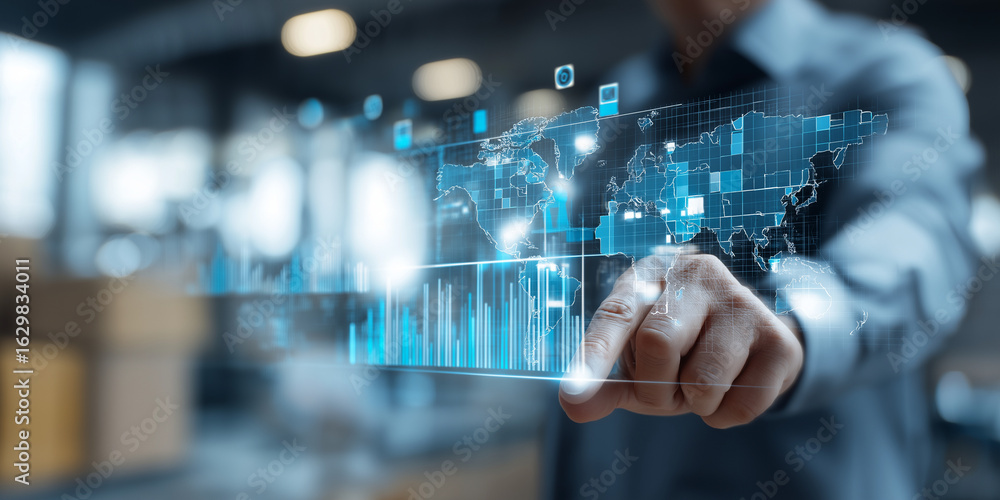Poster person interacts with digital interface displaying global data analytics, highlighting technology ro