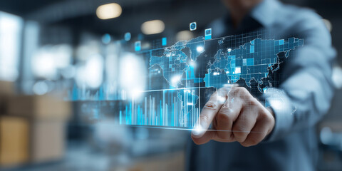 Person interacts with digital interface displaying global data analytics, highlighting technology role in modern business. futuristic setting emphasizes innovation and connectivity