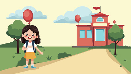 Smiling Schoolgirl Outside the School Building - Flat Vector Illustration