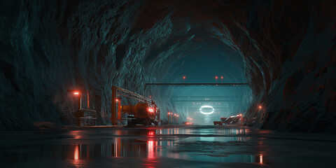Futuristic underground mining facility with advanced robotics and machinery illuminated by red and blue lights, creating dramatic and mysterious atmosphere