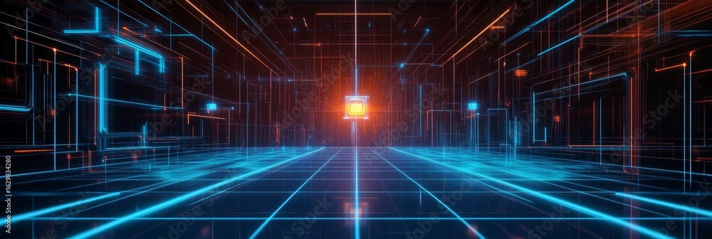 Poster futuristic geometric neon network with data visualization and cyberpunk style technology background