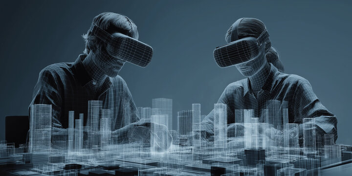 Two individuals wearing virtual reality headsets interact with digital cityscape, symbolizing futuristic urban planning and technology integration. scene is rendered wireframe style, highlighting