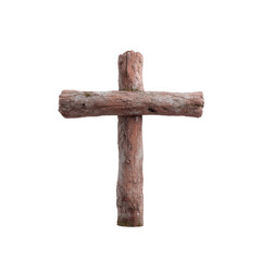 Rustic wooden cross isolated on a white background, symbolizing faith and spirituality.