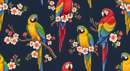 Fototapeta premium Vibrant macaws perched on cherry blossom branches, a beautiful tropical avian pattern