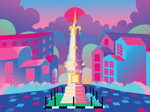 colorful tugu jogja illustration, city building view background image, indonesia yogyakarta flat images view illustration drawing, vector stock images