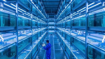A male worker with a tablet monitors a futuristic vertical fish farm. High-tech aquaculture facility with blue lighting for sustainable food production.