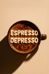 Funny Coffee Quote "Espresso Depresso" — Dark Mocha Drink with Swirled Foam and 3D White Text, Minimalist Top View with Dramatic Shadow, Trendy Food Typography Concept

