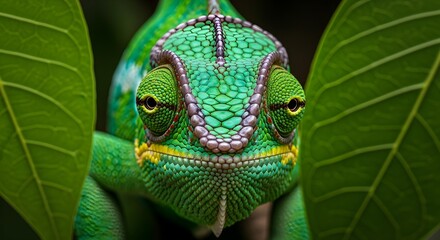 green chameleon on a branch
