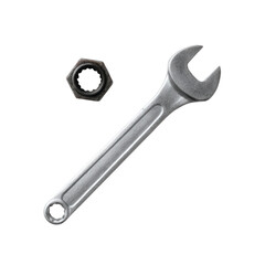 Tool set including a wrench and nut, isolated on a white background.
