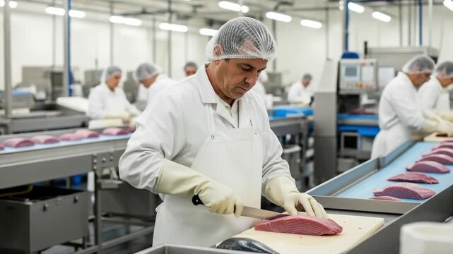Middle-aged male worker in a white coat and hairnet slicing fresh raw tuna on a production line in a seafood processing plant.
