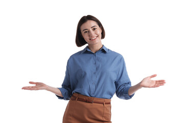 Portrait of hostess in uniform on white background