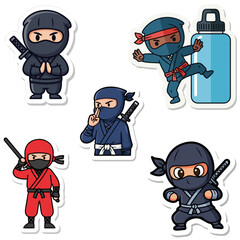 Diverse Set of Cartoon Ninja Characters Stickers