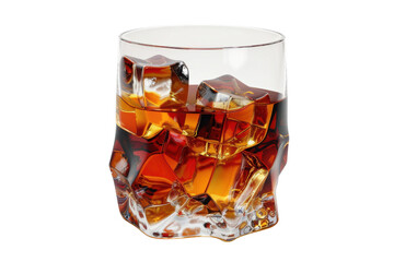 Rich amber beverage in a unique glass with ice cubes on a white background enjoyed in a relaxed setting during an evening