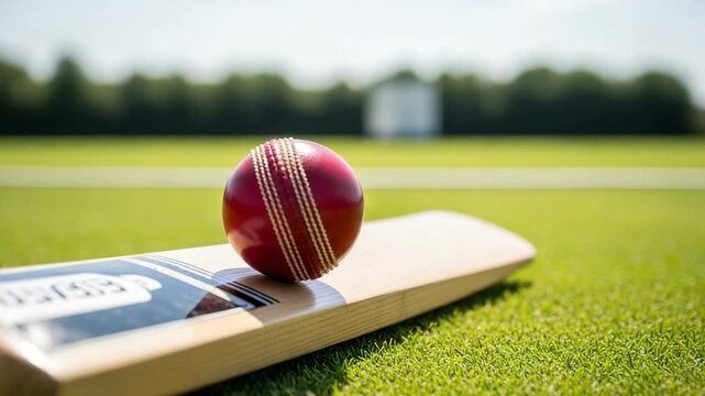 Close up of a red cricket ball on a wooden bat, lying on the green grass of a cricket pitch on a sunny day. - Powered by Adobe