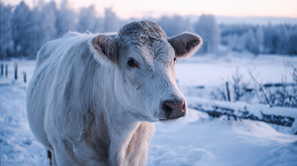 Fototapeta premium Cow in a Snow Covered Field