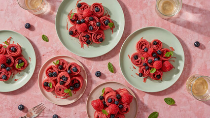 Fruity Red Crepes on Pink Tiles in a Bright Spring Dessert Flat Lay