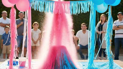 Happy family and friends celebrating a gender reveal party outdoors. A volcano erupts with pink powder to announce a baby girl.