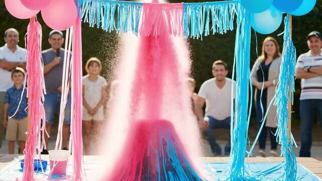 Happy family and friends celebrating a gender reveal party outdoors. A volcano erupts with pink powder to announce a baby girl.