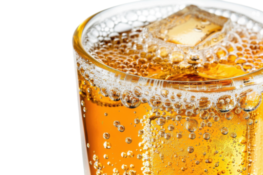 Refreshing drink with ice and bubbles on a clear background for a summer vibe