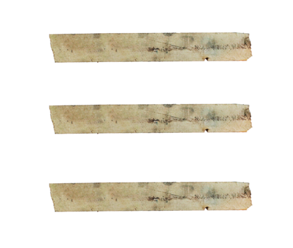 Set of three old, stained masking tape strips arranged horizontally on a white background. aged and worn with visible marks and discoloration
